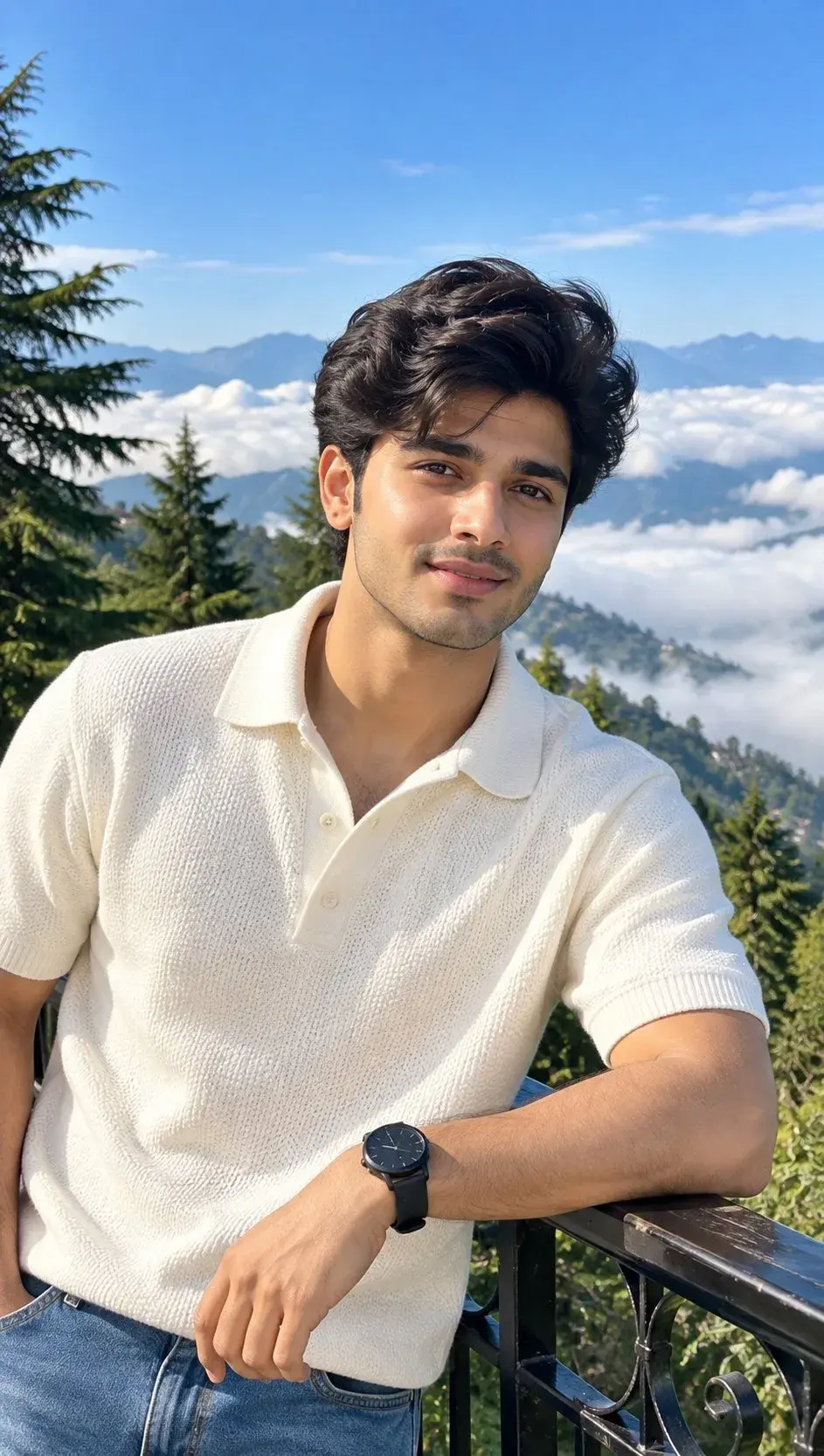 Candid Outdoor Mountain Overlook Close-Up Portrait Of Smiling Young Man Leaning On Balcony Above Sea Of Clouds