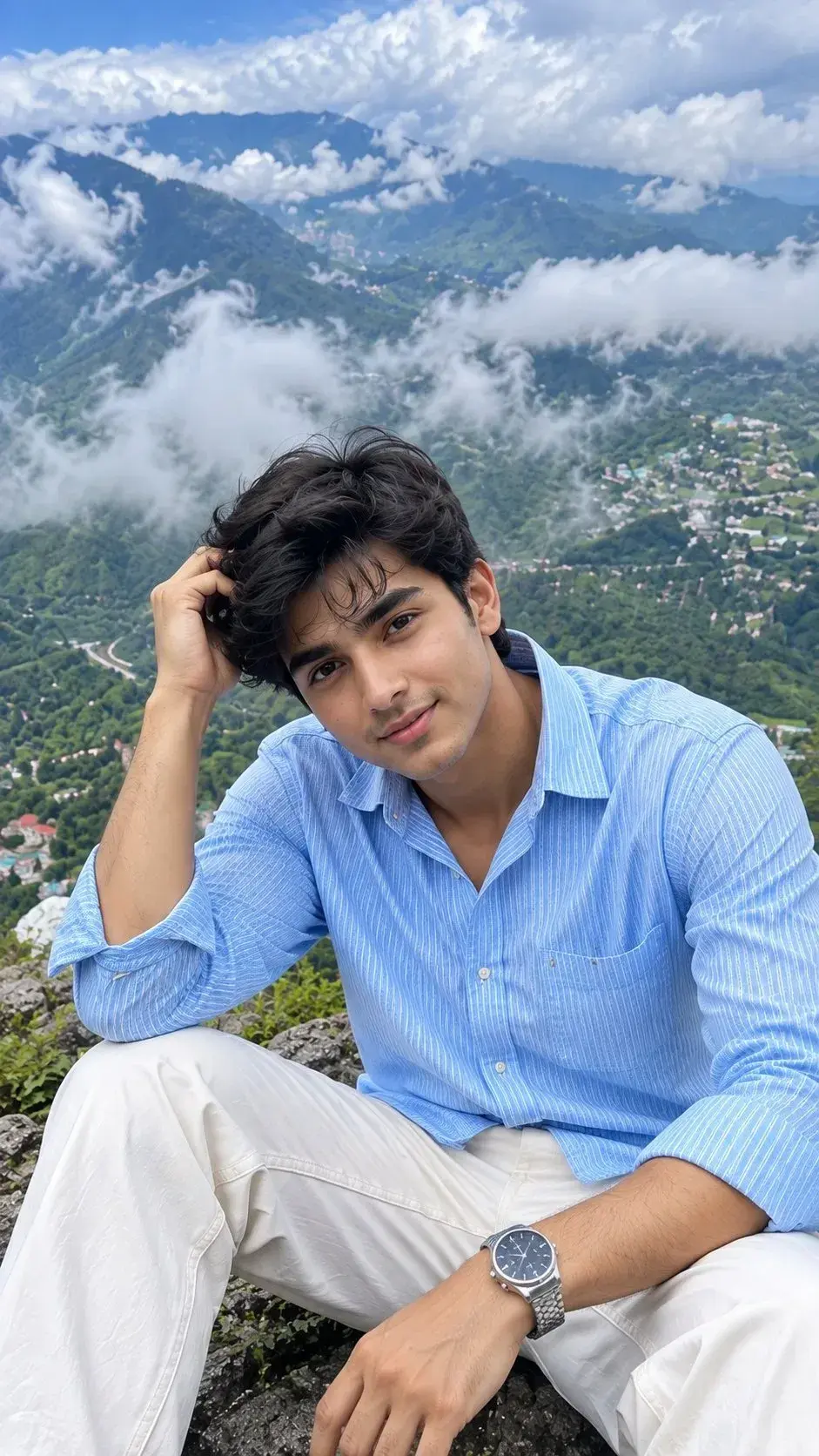 Candid Outdoor Mountain Summit Medium Portrait Of Young South Asian Man Sitting On Rocky Peak Above Sea Of Clouds