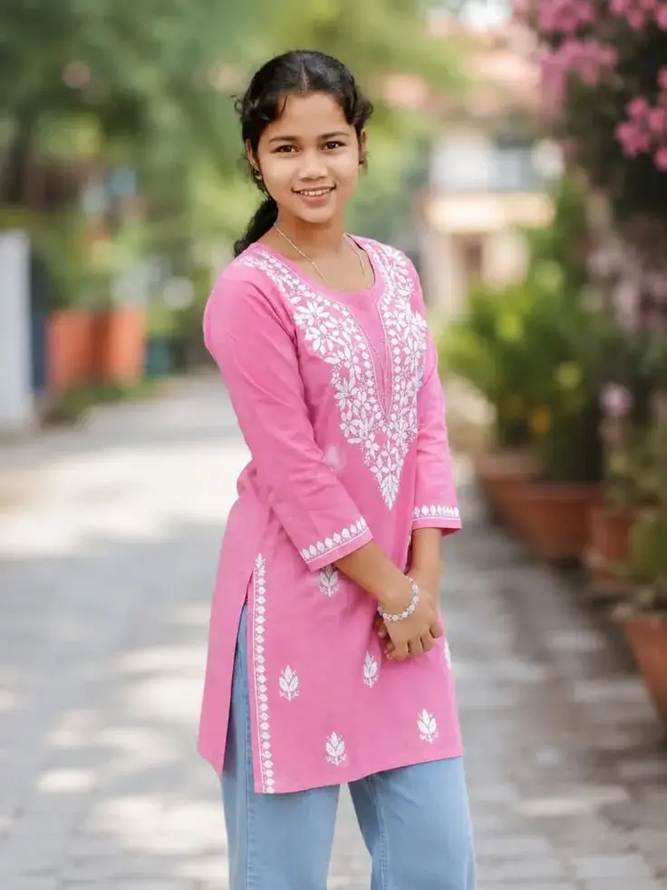 Candid Outdoor Paved Path Portrait Of Smiling Young South Asian Woman In Pink Chikankari Kurta And Light Jeans