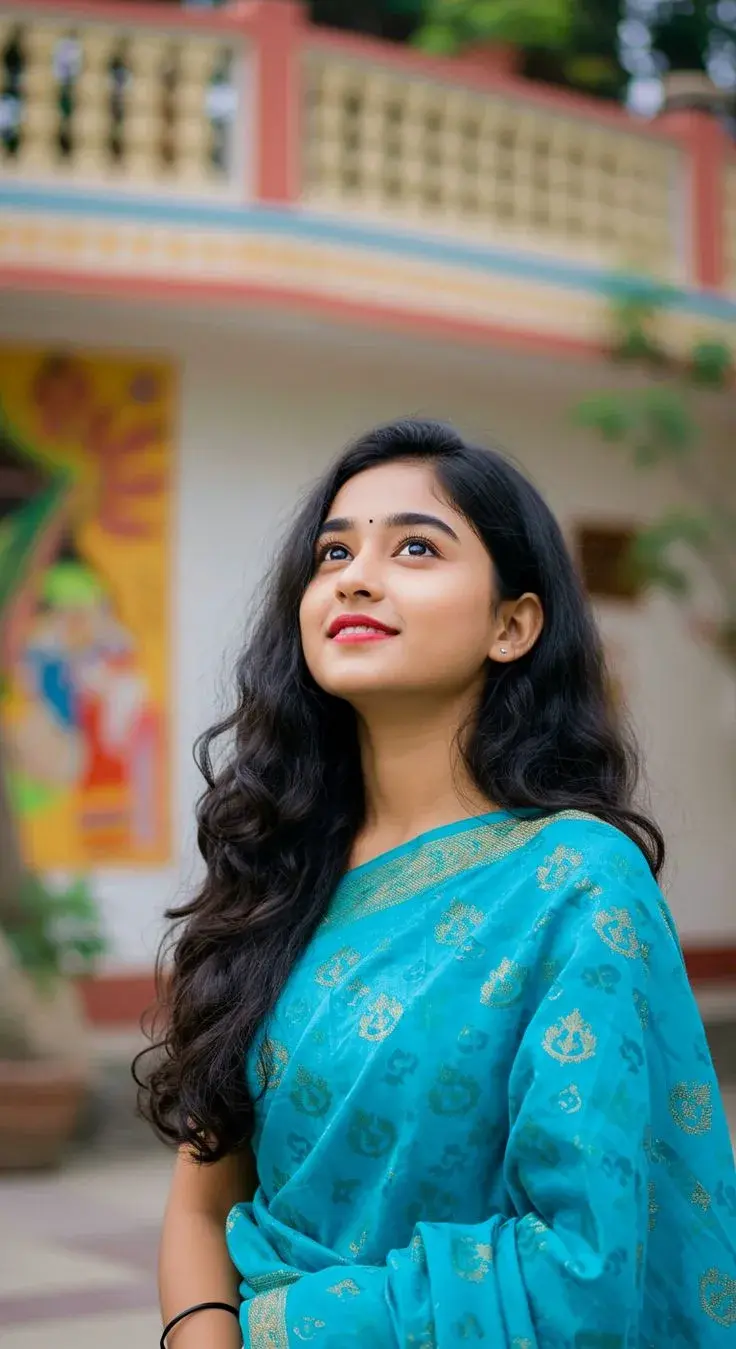 Candid Outdoor Portrait Of Indian Woman In Cyan Saree