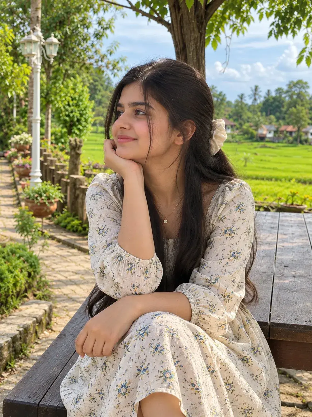 Candid Outdoor Portrait Of Indian Woman Resting On Wooden Bench By Paddy Fields