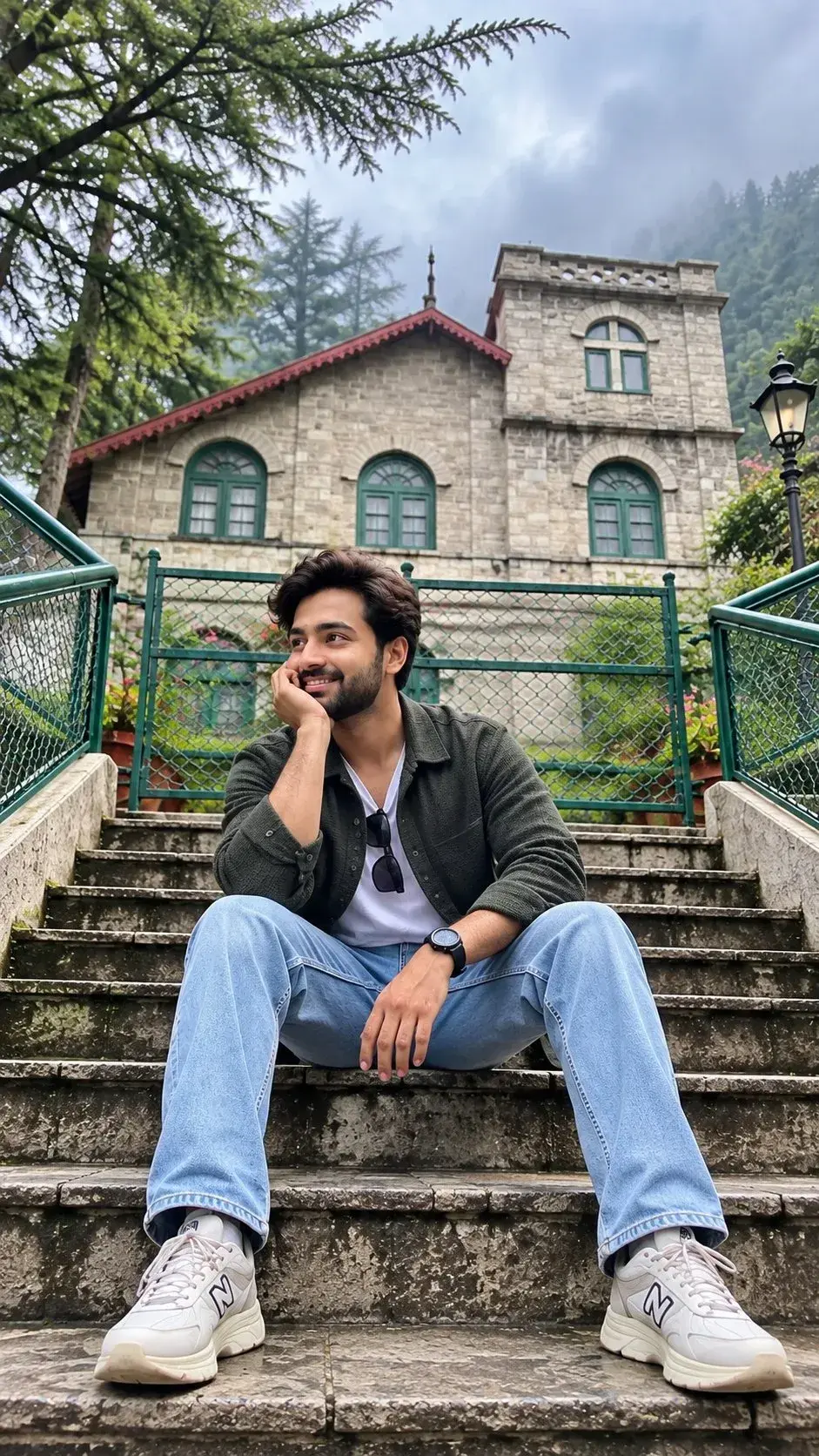 Candid Outdoor Portrait Of Smiling Young South Asian Man Sitting On Stone Steps In Front Of Historic Church