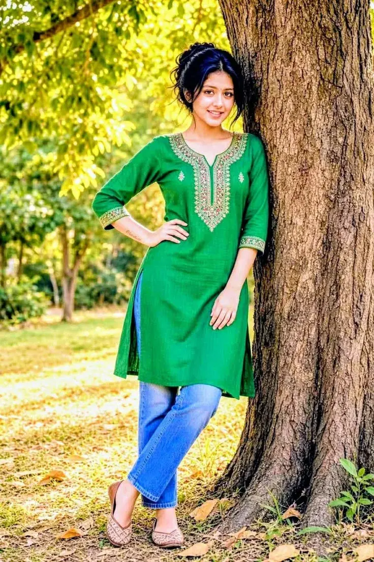 Candid Outdoor Portrait Of Young Woman In Emerald Green Kurti Leaning On Tree Trunk