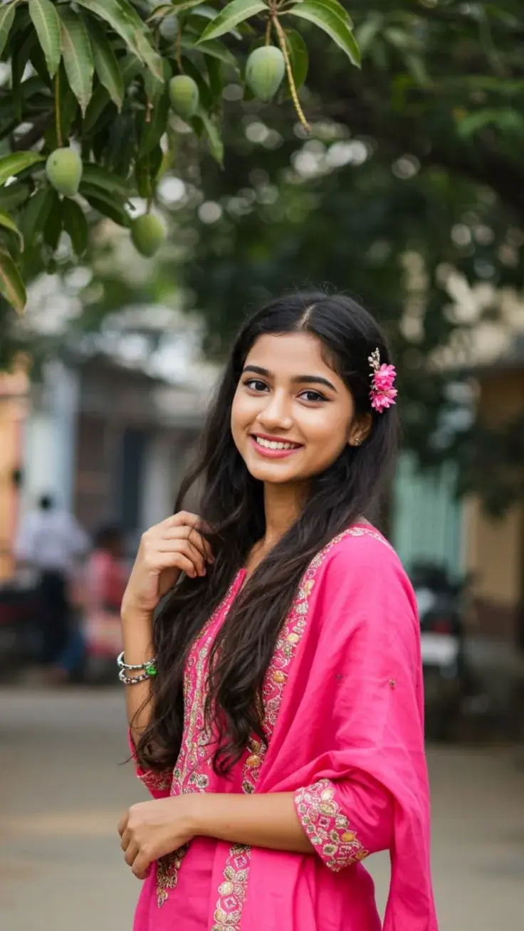 Candid Outdoor Portrait Of Young Woman In Pink Kurti Under Mango Tree
