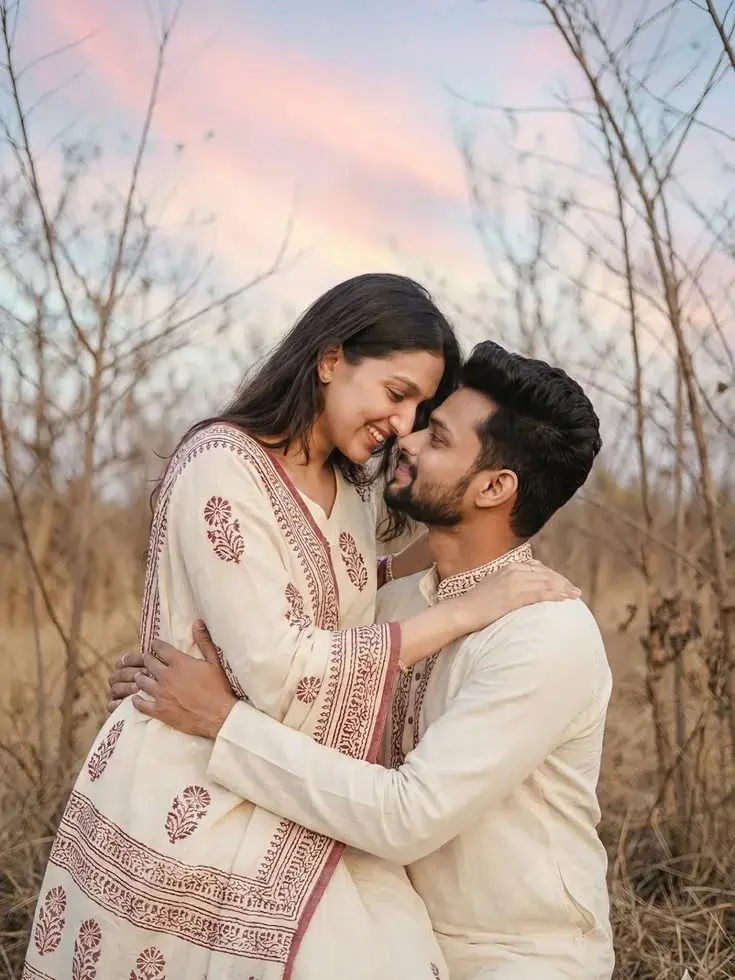 Candid Outdoor Pre-Wedding Portrait Of Young Indian Couple In Dry Grassland