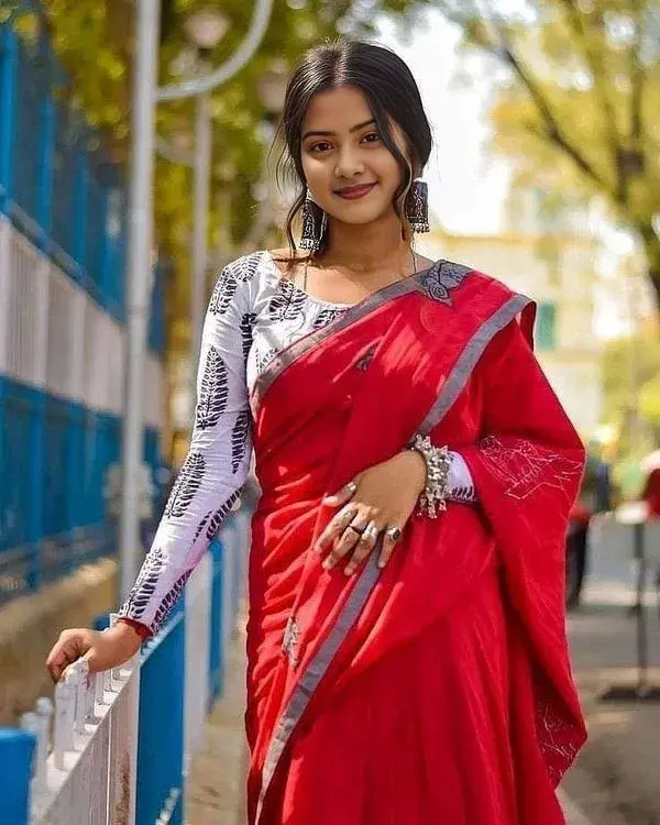 Candid Outdoor Street Portrait Of Indian Woman In Red Saree