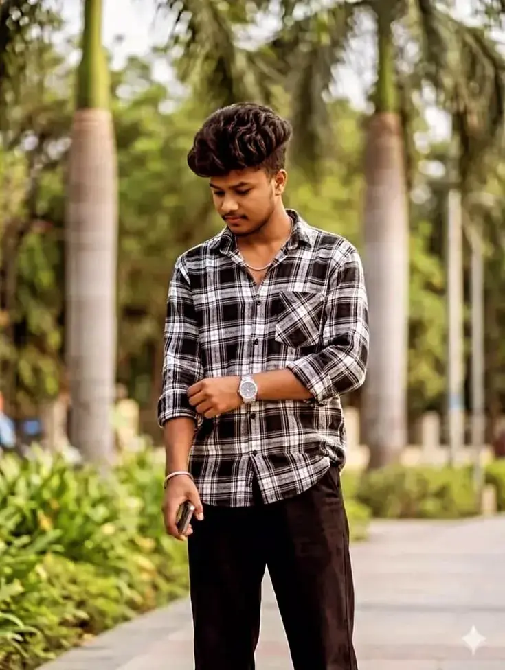 Candid Outdoor Street Portrait Of Young Indian Man Adjusting Sleeve On Palm-Lined Pathway