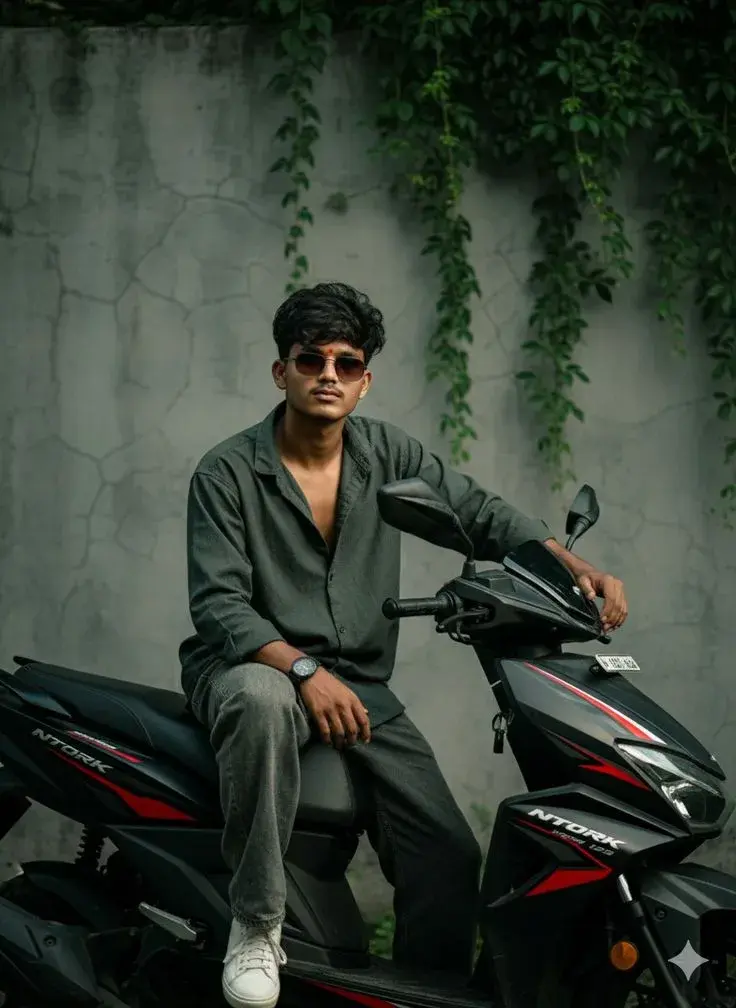 Candid Outdoor Street Portrait Of Young South Asian Man Sitting On Black Matte Scooter By Ivy Wall