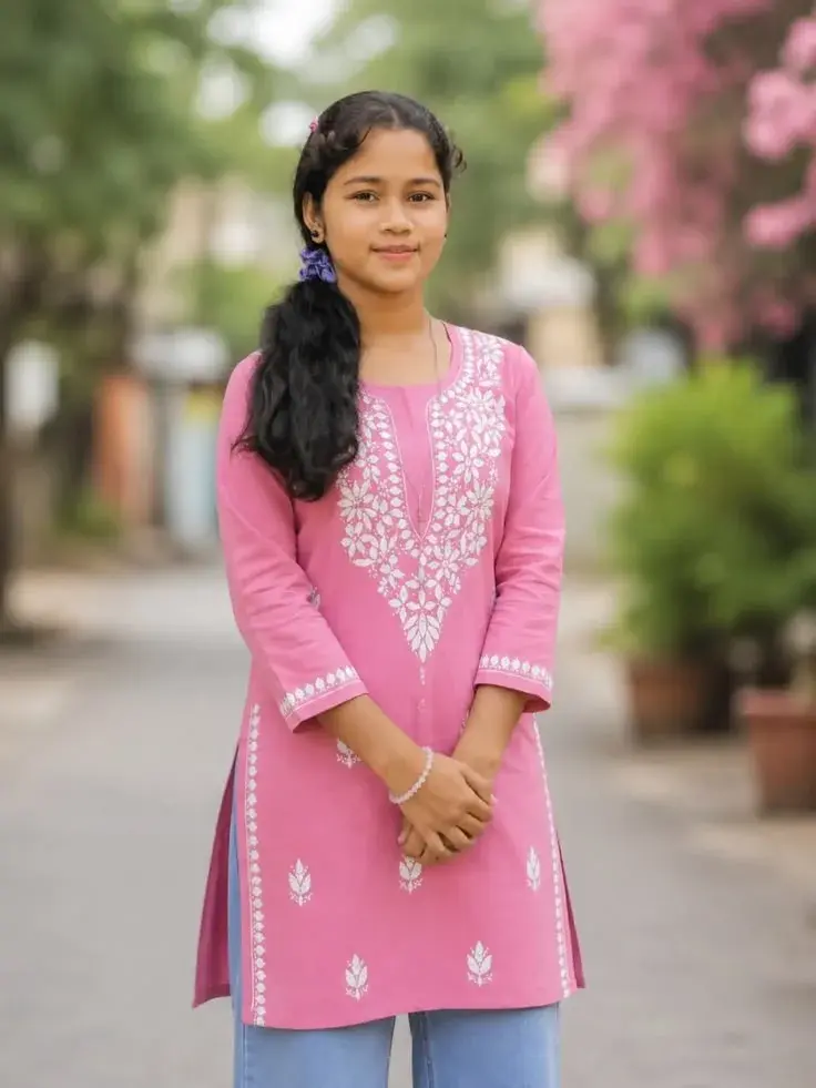Candid Outdoor Street Portrait Of Young South Asian Woman In Pink Embroidered Kurta And Blue Jeans