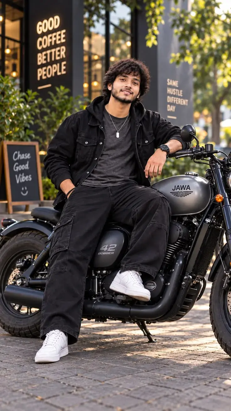 Candid Outdoor Streetwear Portrait Of Smiling Young South Asian Man With Curly Hair Sitting On Matte Grey Jawa Bobber Mo