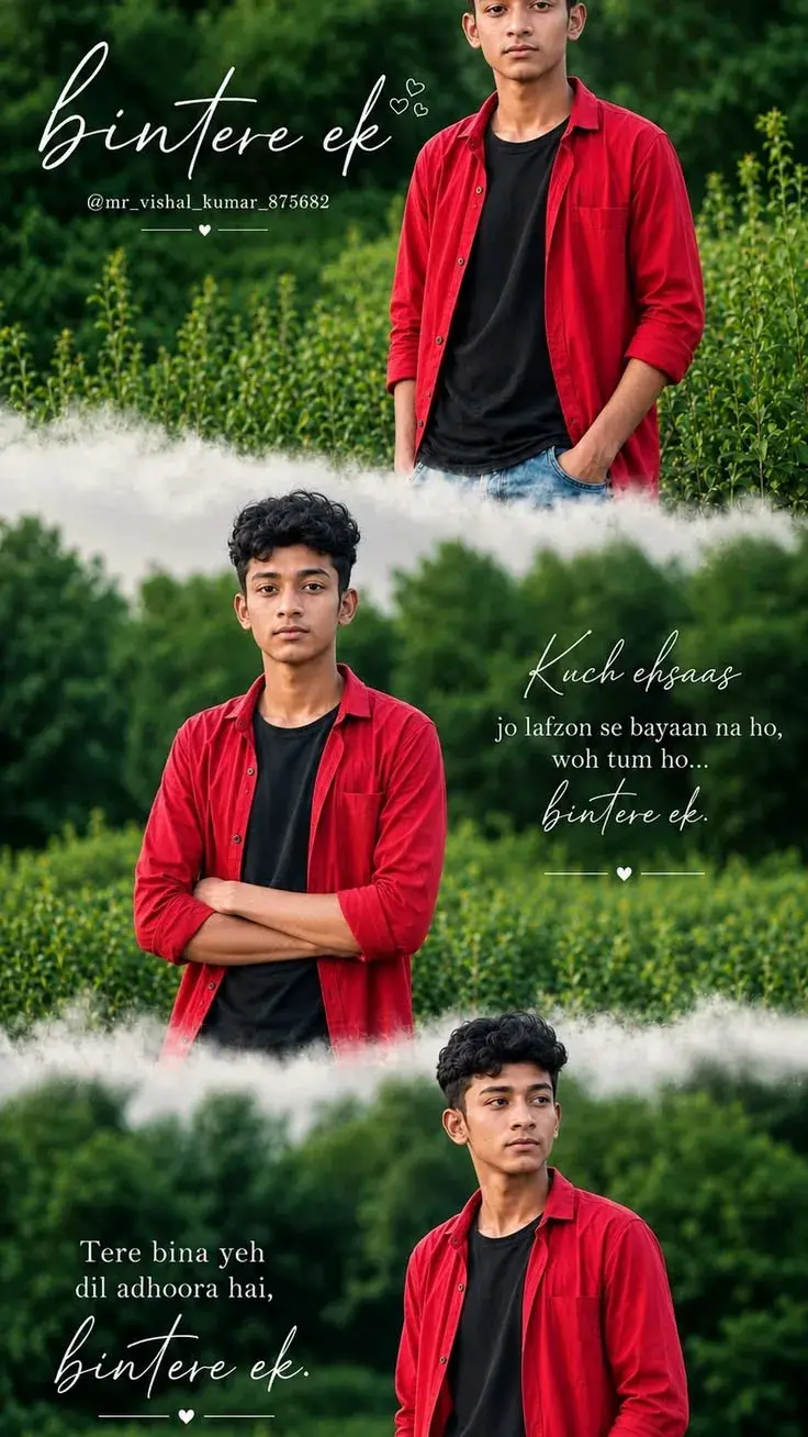 Candid Outdoor Tea Garden Triptych Portrait Of Young South Asian Man In Red Button-Down Shirt And Curly Hair