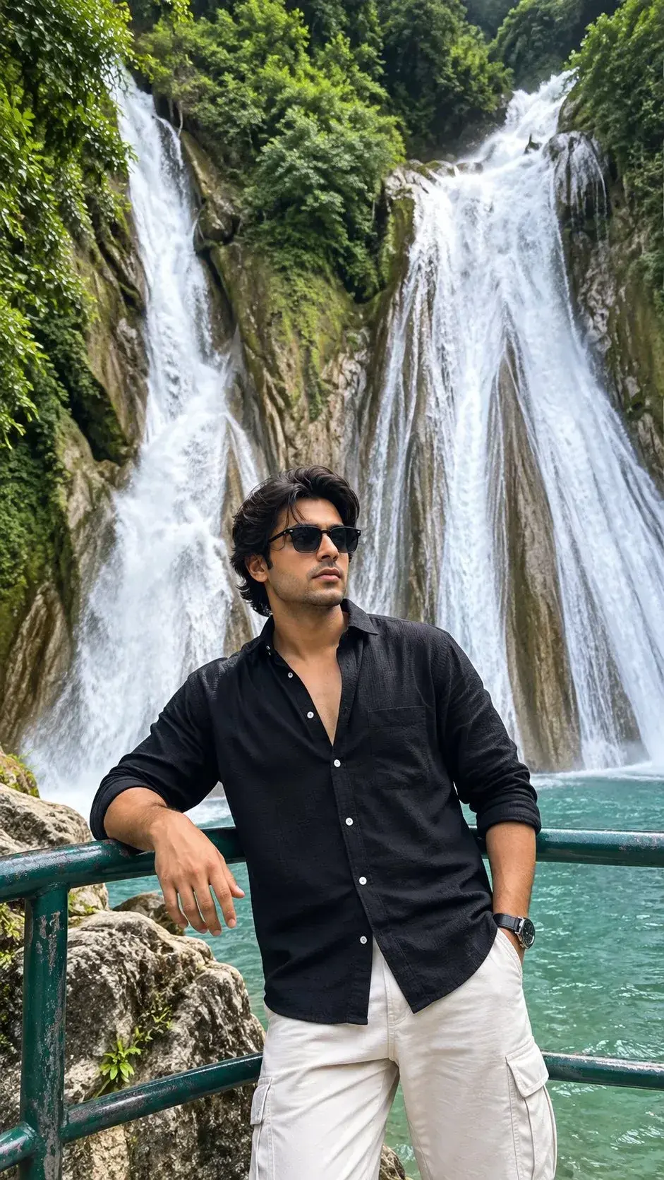 Candid Outdoor Waist-Up Portrait Of Handsome Indian Man Leaning By Waterfall Railing