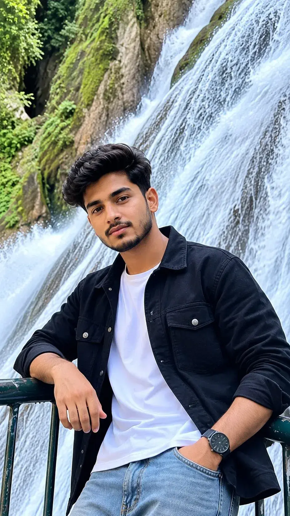 Candid Outdoor Waist-Up Portrait Of Young Indian Man Leaning By Waterfall Railing