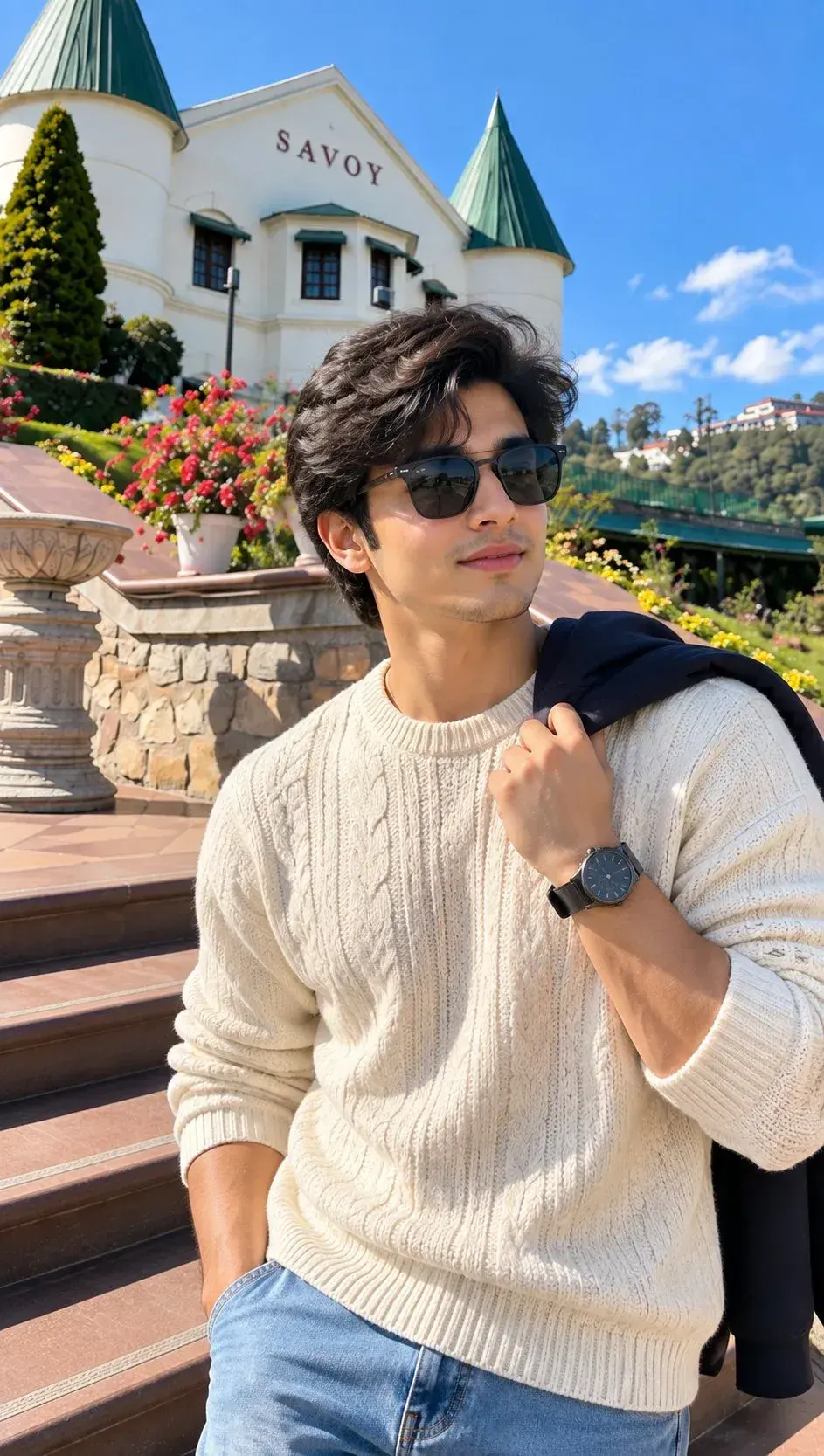Candid Outdoor Waist-Up Portrait Of Young Indian Man On Grand Steps By Historic Savoy Hotel