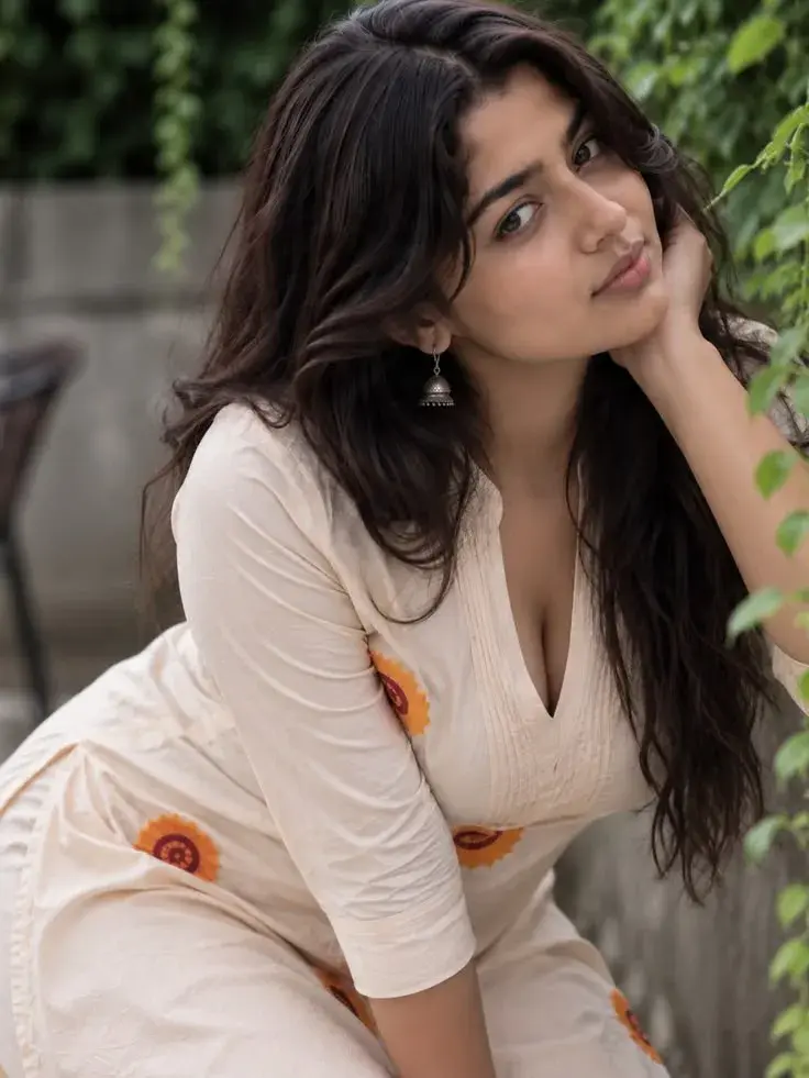 Candid Outdoor Waist-Up Portrait Of Young Indian Woman In Traditional Kurti Leaning By Greenery