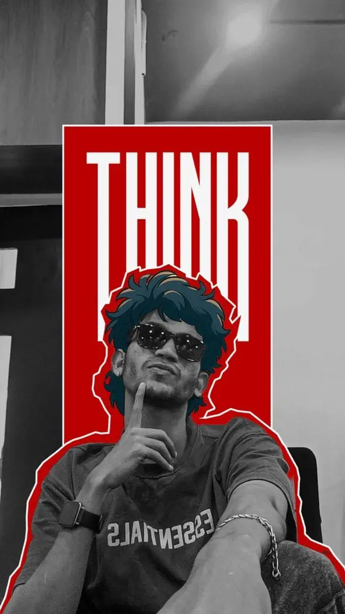 Candid Pop-Art Graphic Portrait Of Young South Asian Man With Thinking Pose On Red Poster Backdrop
