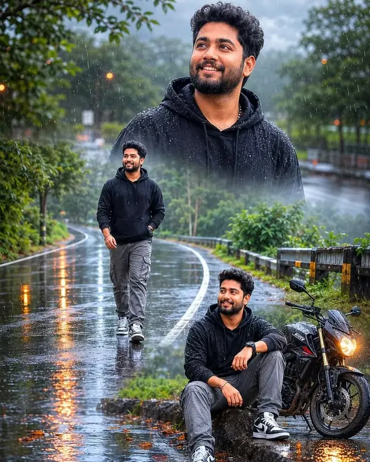 Candid Rainy Highway Road Portrait Of Smiling Young South Asian Man In Black Hoodie With Parked Motorcycle