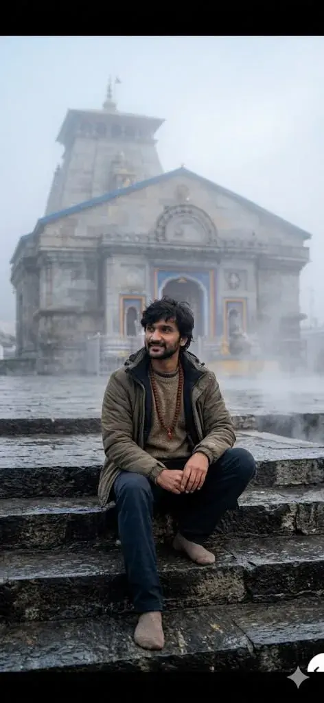 Candid Spiritual Portrait Of Young South Asian Man Sitting On Wet Stone Steps Of Kedarnath Temple In Mist