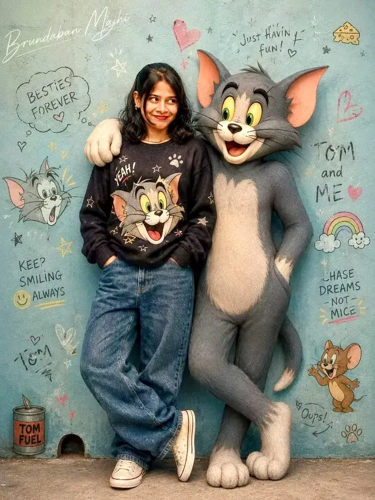 Candid Street-Art Wall Portrait Of Young South Asian Woman Posing With Life-Sized 3D Tom The Cat In Graphic Sweatshirt A