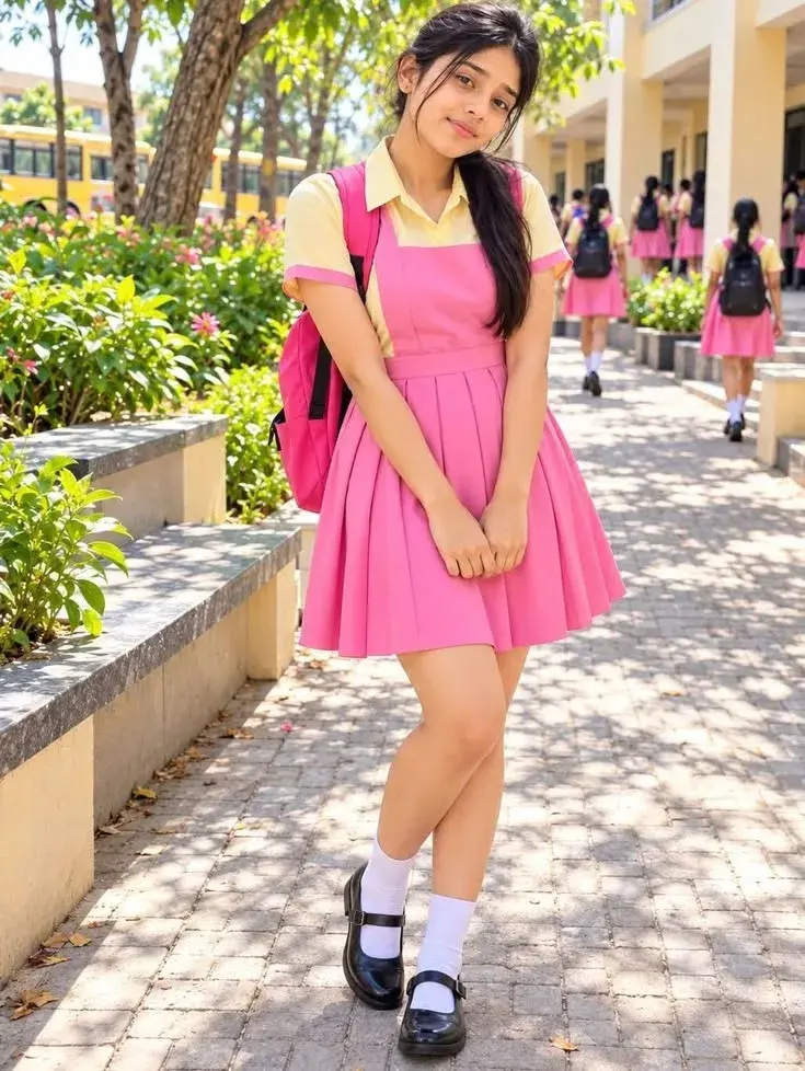 Candid Sunlit Campus Walkway Portrait Of Smiling Young South Asian Schoolgirl In Pink Pinafore Uniform With Backpack