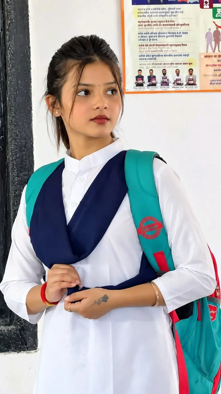 Candid Sunlit Classroom Portrait Of South Asian Schoolgirl In White Kurta And Navy Dupatta Holding Backpack Straps