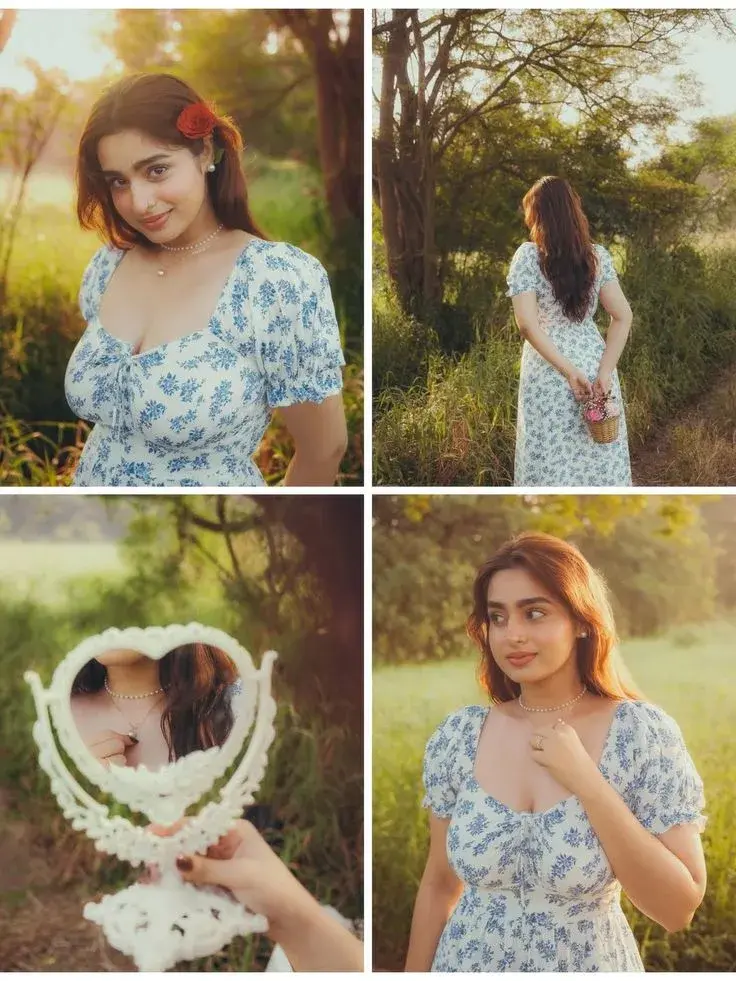 Candid Sunlit Cottagecore Meadow 4-Panel Collage Of Young South Asian Woman In Blue Floral Puff-Sleeve Dress With Heart