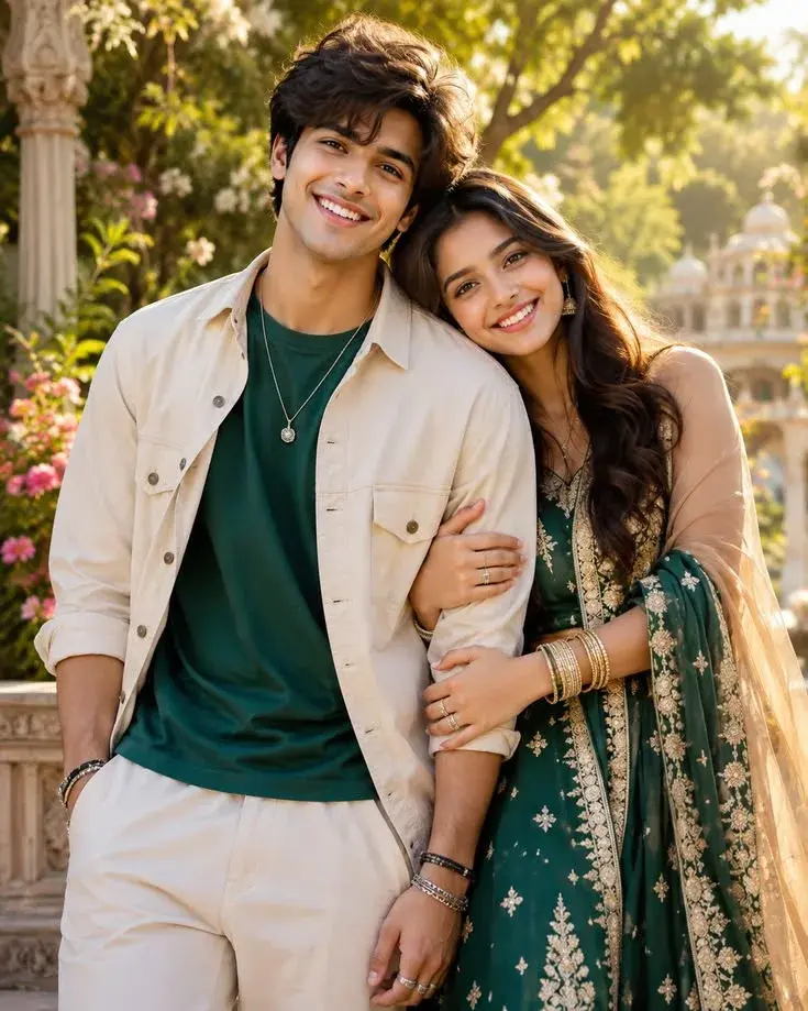 Candid Sunlit Garden Balcony Portrait Of Smiling Young South Asian Couple In Beige Overshirt And Forest Green Embroidere