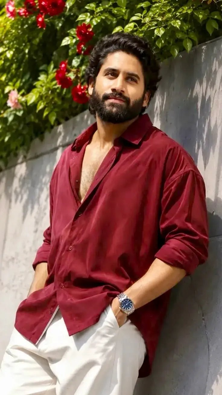 Candid Sunlit Garden Portrait Of Handsome Young South Asian Man In Burgundy Silk Shirt Leaning On Stone Wall
