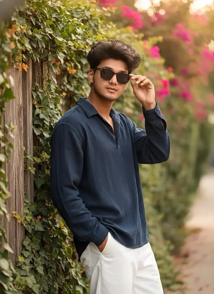 Candid Sunlit Garden Portrait Of Stylish Young South Asian Man Adjusting Wayfarer Sunglasses Beside Ivy Wall And Pink Bo