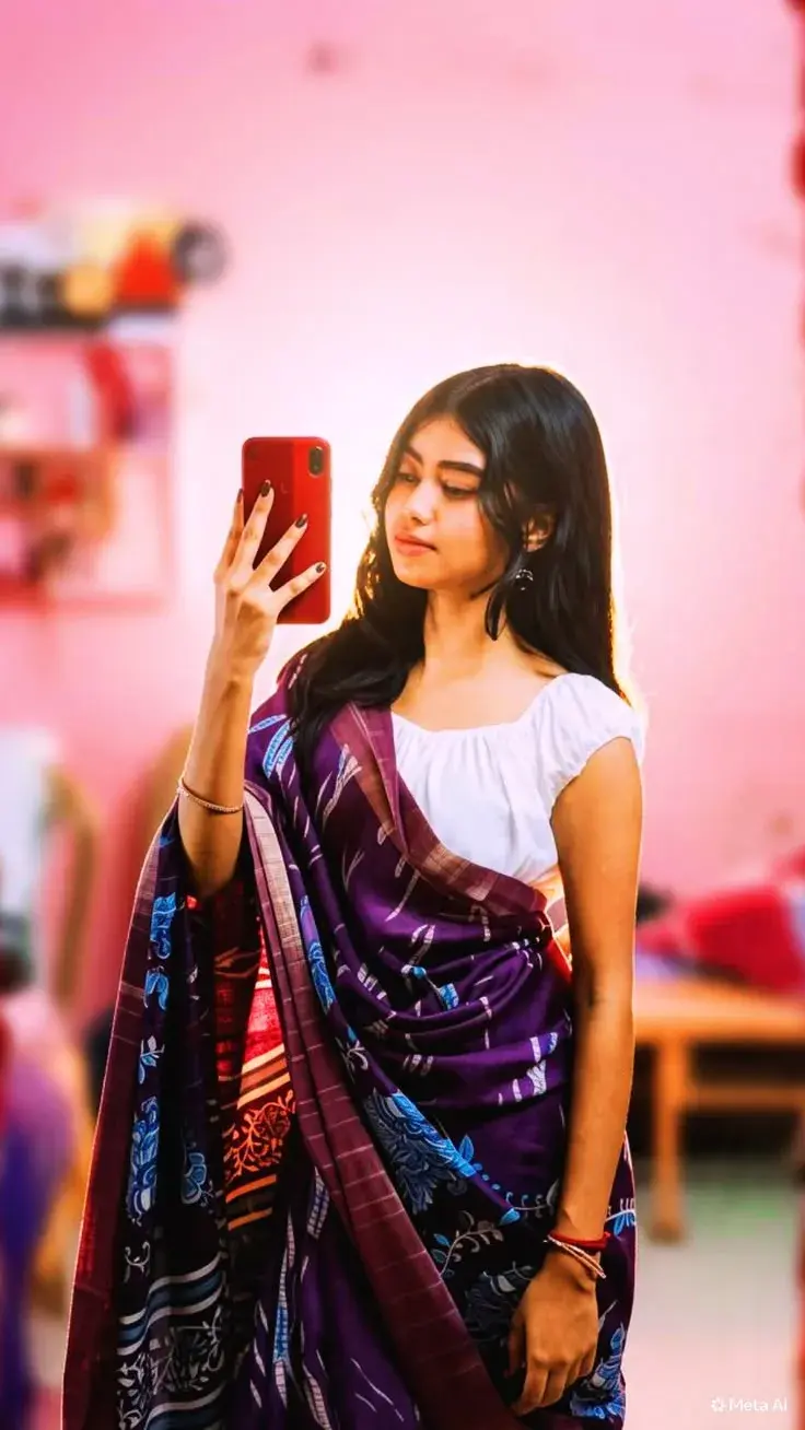Candid Sunlit Indoor Mirror Selfie Portrait Of Young South Asian Woman In Purple Sambalpuri Ikat Saree Holding Red Smart