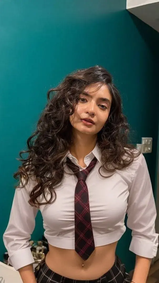Candid Sunlit Indoor Studio Portrait Of Young South Asian Woman With Voluminous Curly Hair In Cropped White Shirt And Pl