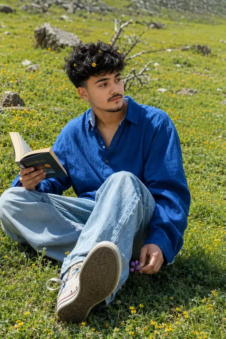 Candid Sunlit Mountain Meadow Portrait Of Young South Asian Man Reading Book With Wildflowers In Curly Hair