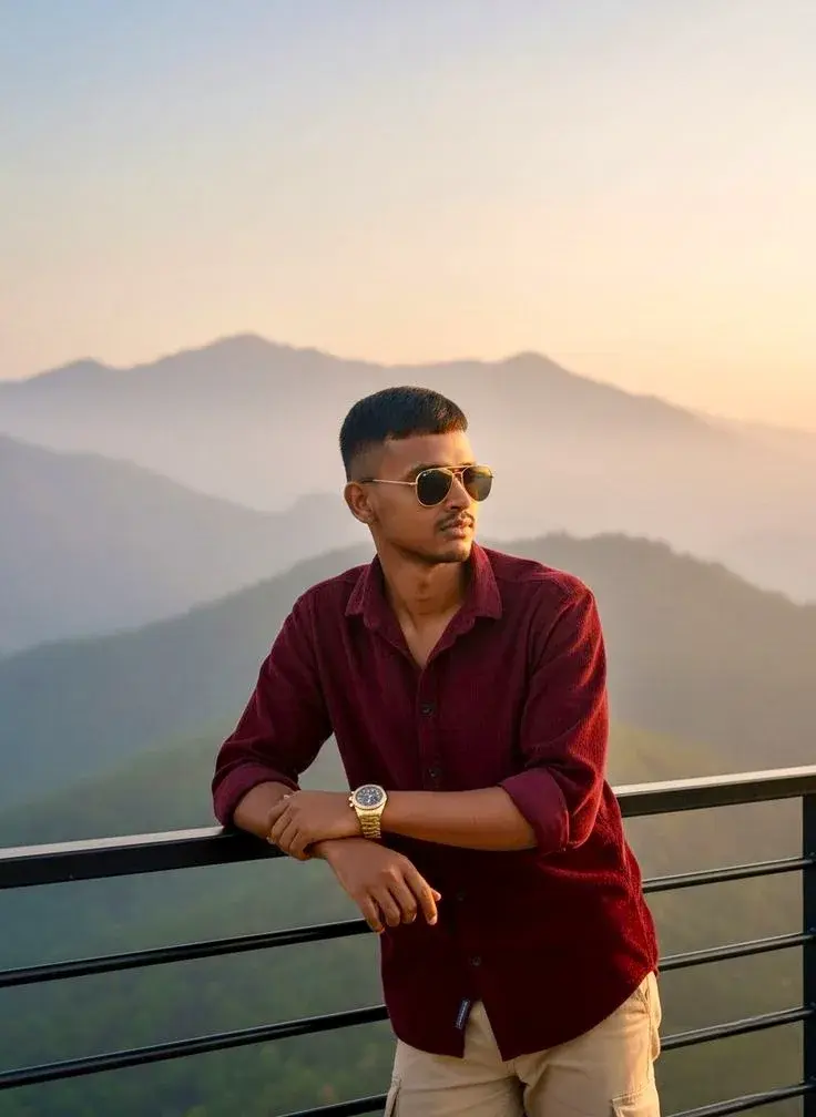 Candid Sunlit Mountain Ridge Overlook Portrait Of Young South Asian Man With Aviator Sunglasses In Maroon Shirt Leaning