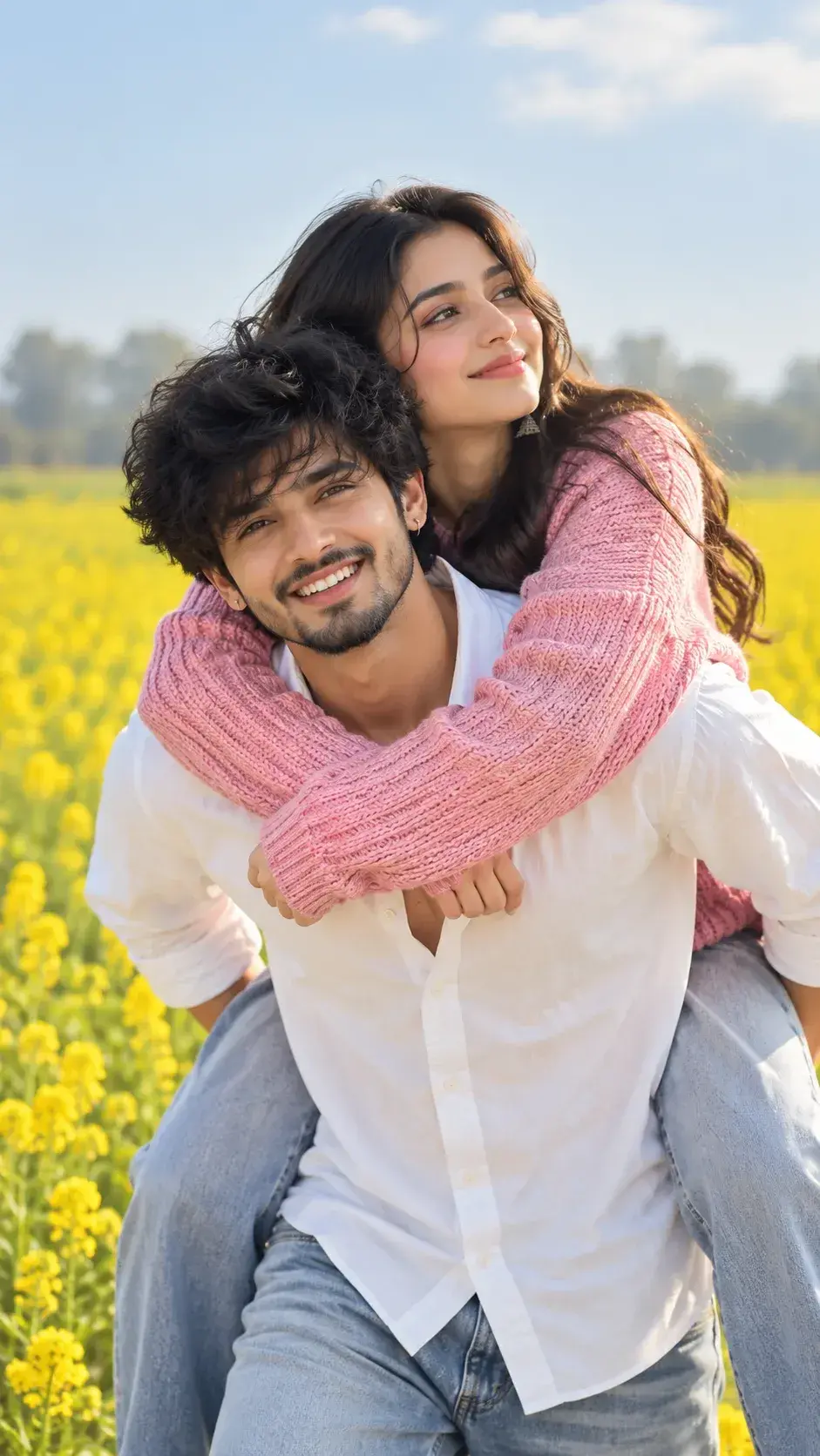 Candid Sunlit Mustard Field Couple Portrait With Man Piggybacking Woman