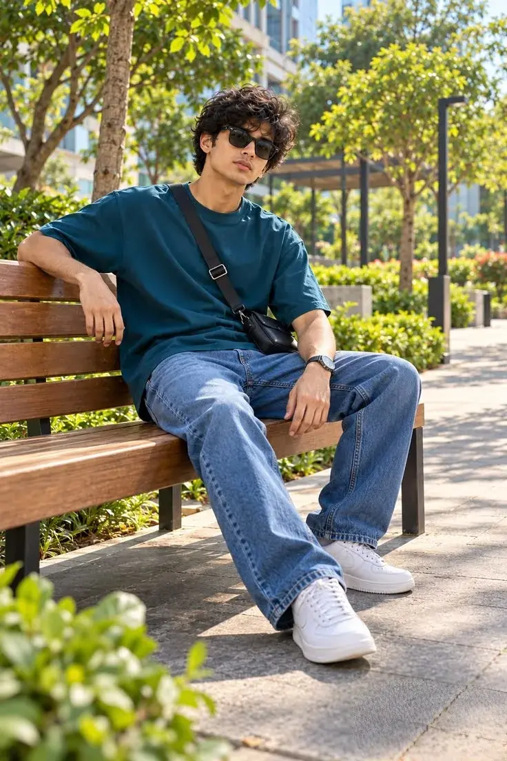 Candid Sunlit Park Promenade Portrait Of Young South Asian Man In Teal T-Shirt And Sunglasses Sitting On Wooden Bench