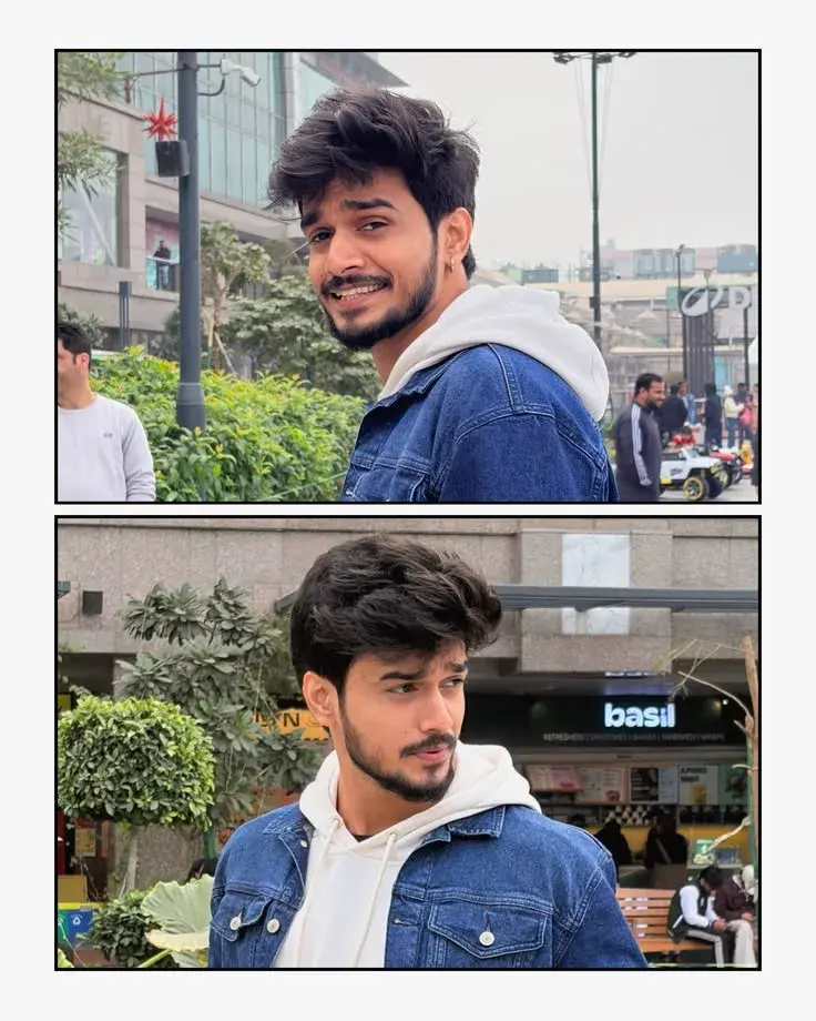 Candid Sunlit Urban Promenade Two-Panel Collage Of Young South Asian Man With Textured Hair In Denim Jacket And White Ho