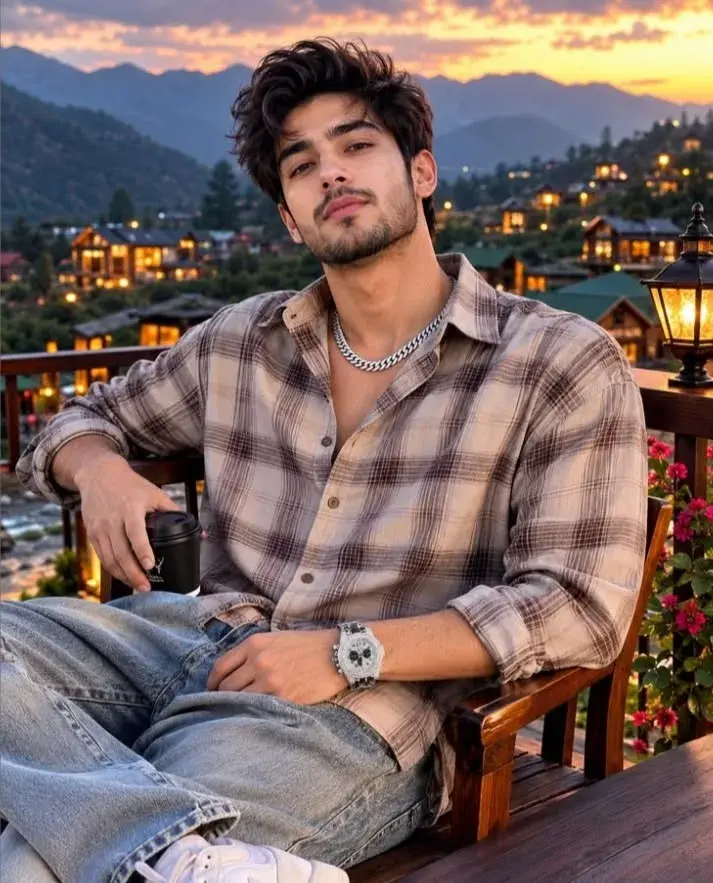 Candid Sunset Balcony Portrait Of Young South Asian Man In Plaid Overshirt With Coffee Cup Overlooking Mountain Valley R