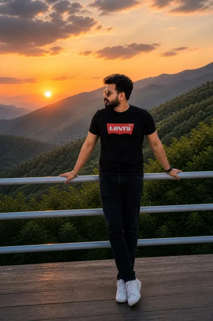 Candid Sunset Mountain Overlook Portrait Of Handsome Young South Asian Man In Levi's T-Shirt Leaning On Deck Railing