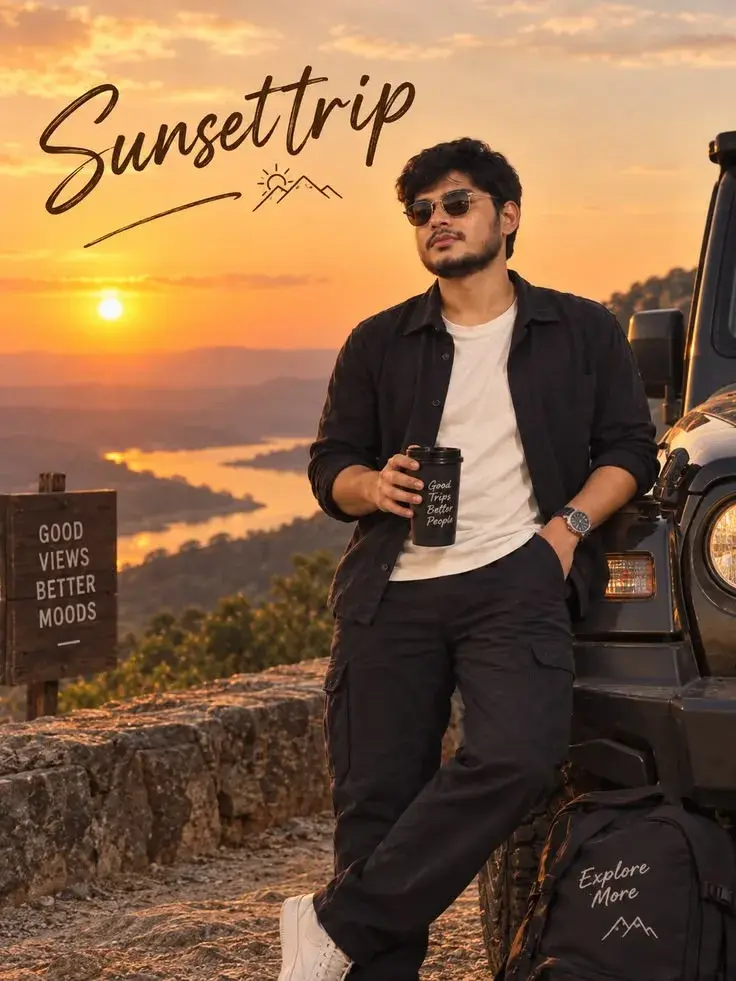 Candid Sunset Road Trip Portrait Of Young South Asian Man Leaning On Off-Road Suv Overlooking Valley River