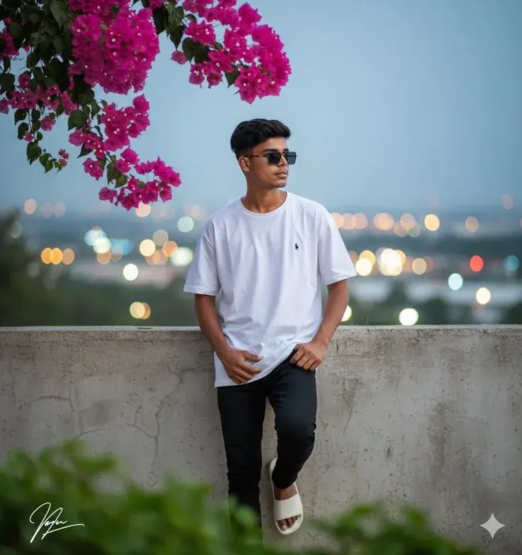 Candid Twilight Rooftop Terrace Portrait Of Young South Asian Man In White T-Shirt And Sunglasses Leaning On Concrete Pa