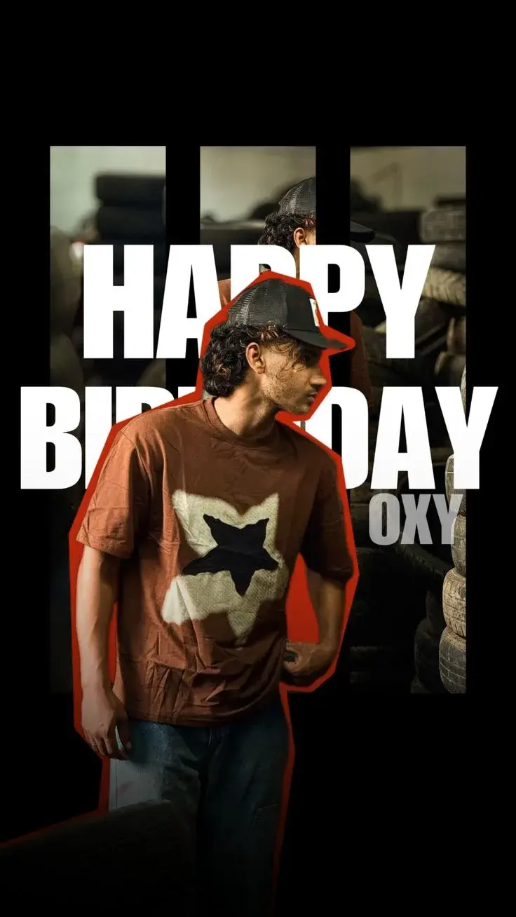 Candid Urban Streetwear Birthday Poster Portrait Of Young South Asian Man In Brown Star Graphic Tee And Trucker Cap