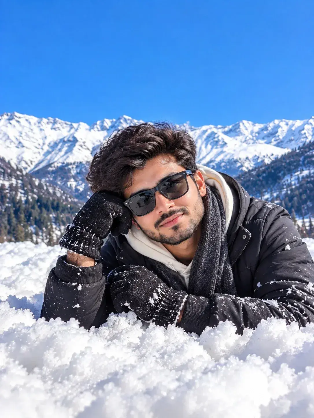 Candid Winter Portrait Of Young Indian Man Lying In Mountain Snow