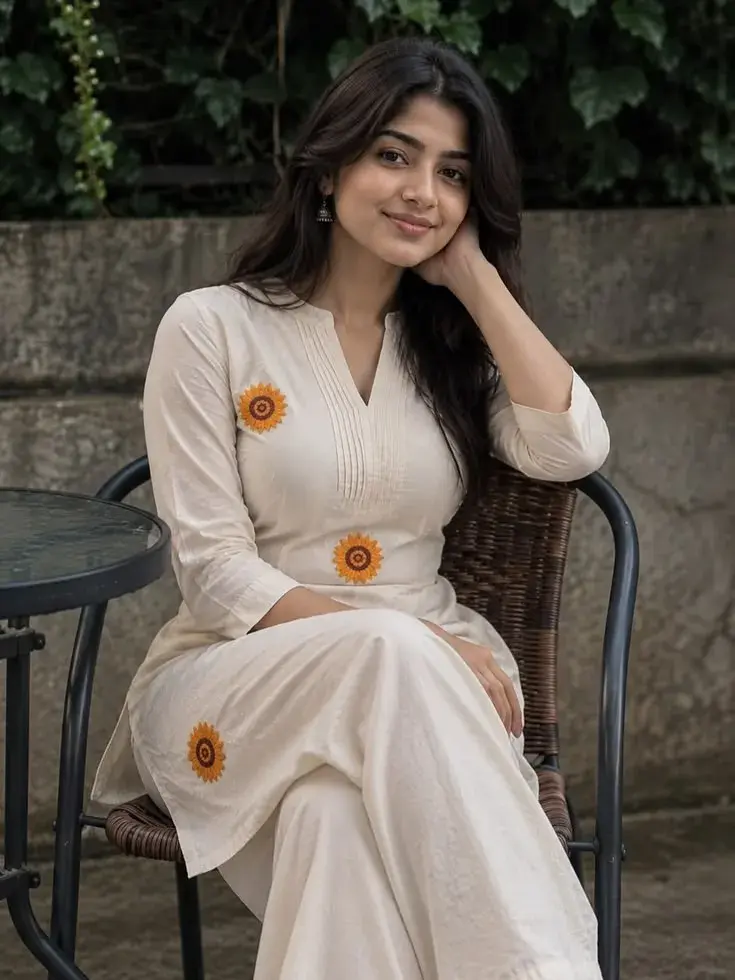 Candid Woman In Sunflower-Embroidered Kurta Sitting Outdoors