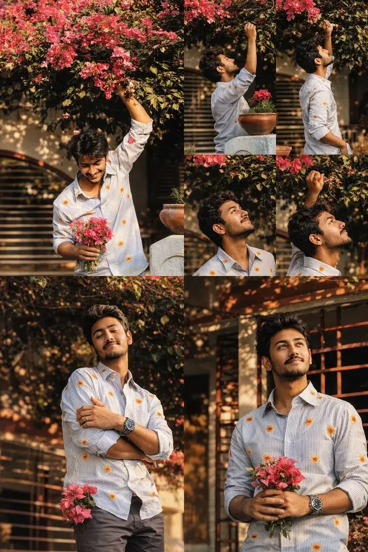 Candid Young Man In Floral Embroidered Striped Shirt With Pink Bougainvillea Collage