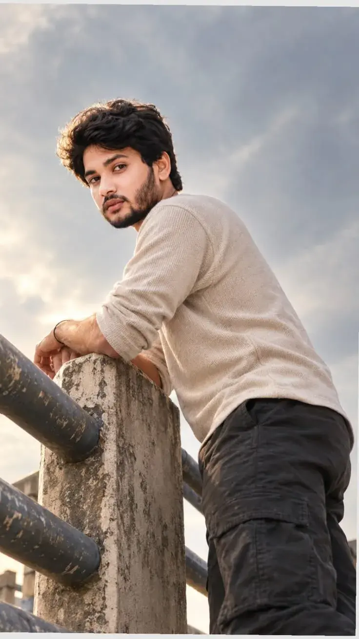 Candid Young Man Leaning On Bridge Railing Under Overcast Sky