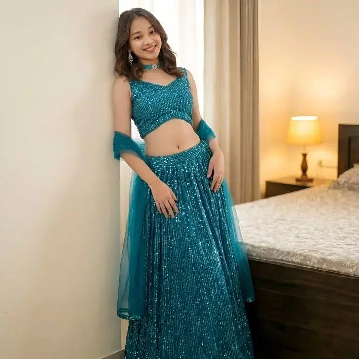 Candid Young Woman In Sparkling Turquoise Sequin Lehenga Leaning Against Wall