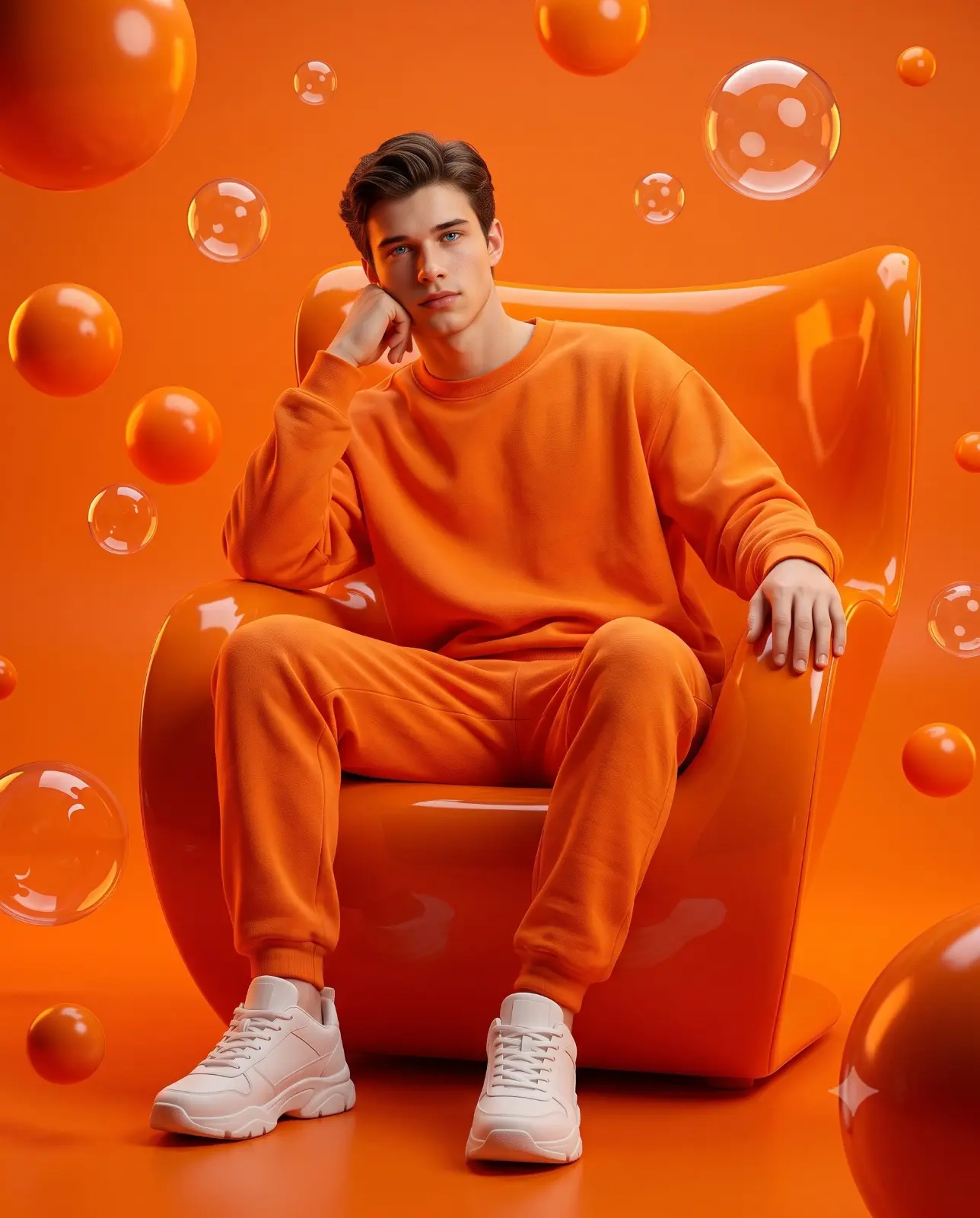 Casual Fashion Man In Orange Monochrome Setup