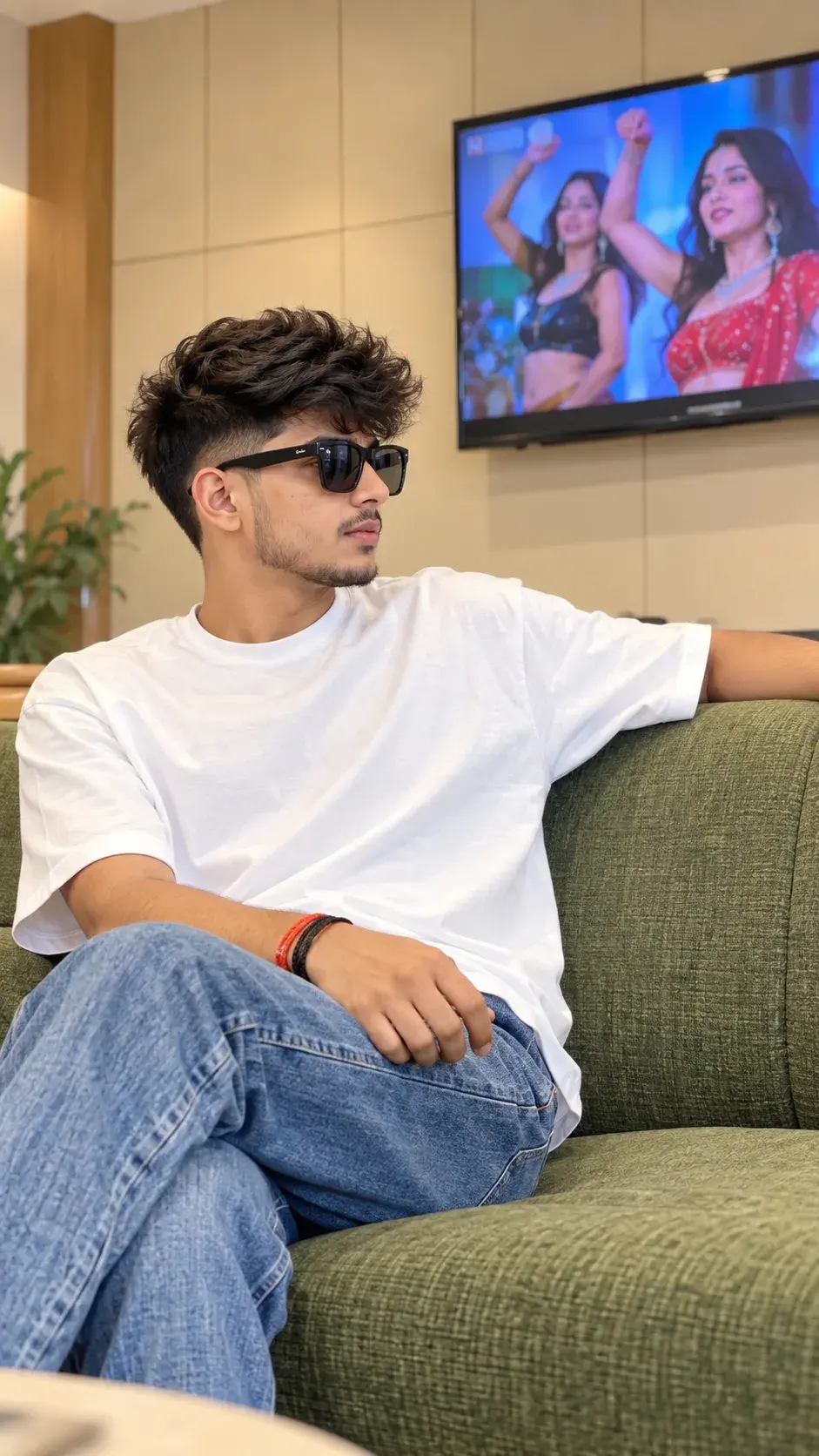 Casual Indoor Portrait Of A Young Man In White T-Shirt And Sunglasses 😎