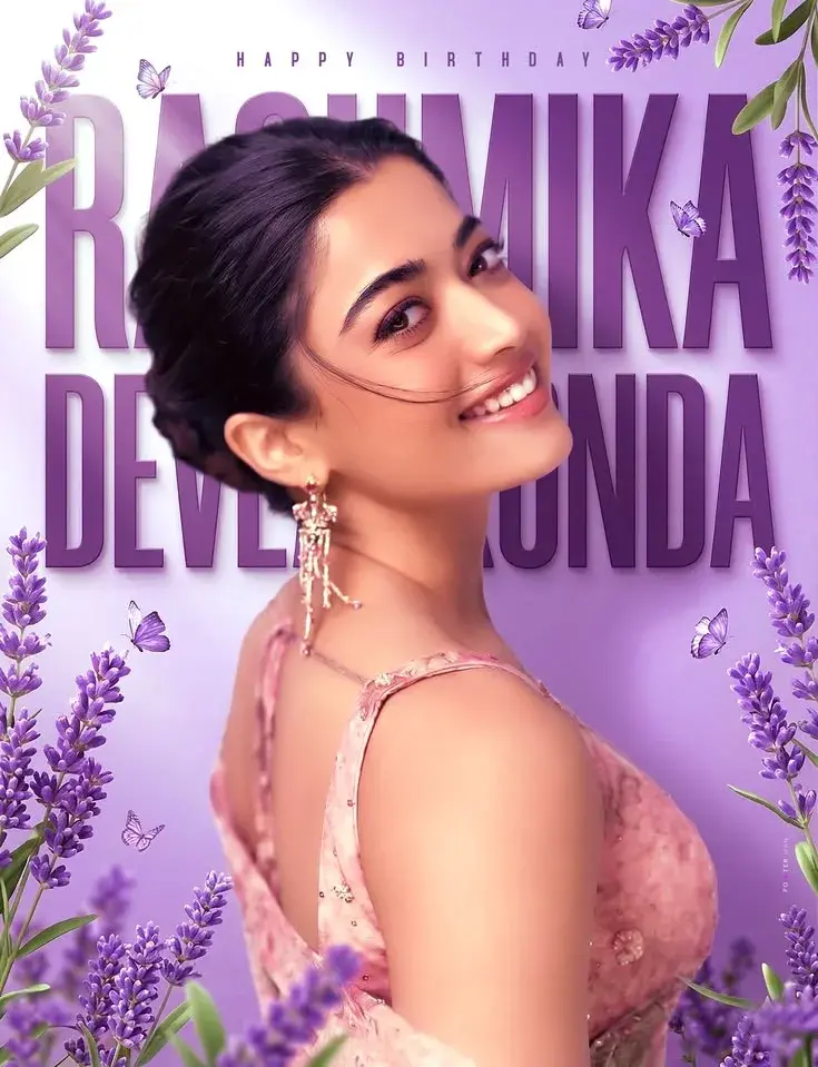 Celebratory Editorial Birthday Poster Portrait Of Smiling Young South Asian Woman In Dusty Pink Blouse With Lavender Flo