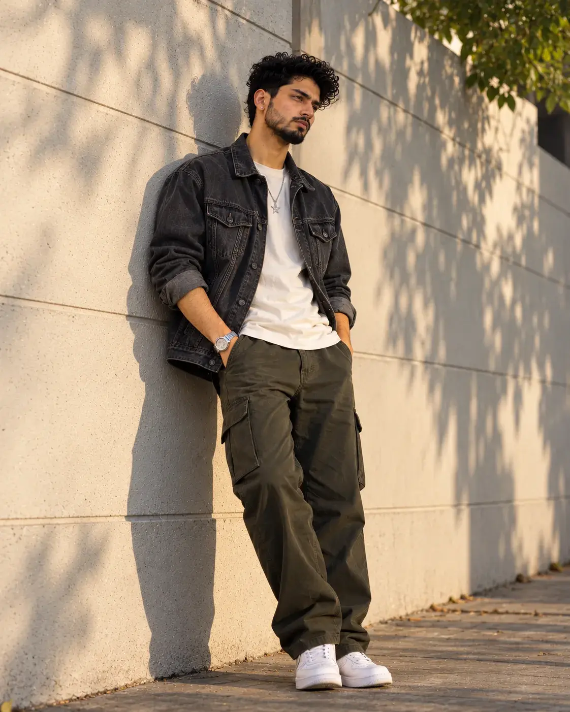 Charcoal Denim Jacket & Cargo Pants | Men's Street Style Photoshoot